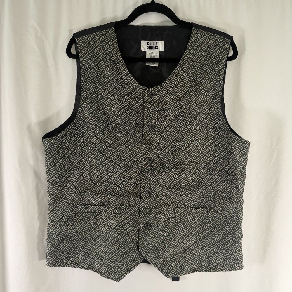 City Street 100% Silk Vest Men's Large Button Front Black White Geometric Vneck